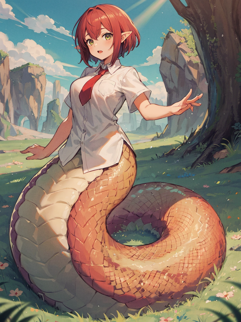 masterpiece, best quality, 1girl, (lamia:1.1), scales, white shirt, full body, outdoors, fantasy, solo, monster girl, <lor...